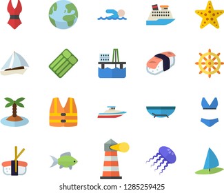 Color flat icon set sashimi flat vector, fish, oil production platform, lighthouse, swimsuit, swimming, earth fector, sailboat, sea beach, island, starfish, steering wheel, life vest, cruise ship