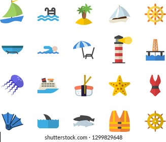 Color flat icon set sashimi flat vector, fish, oil production platform, lighthouse, sailboat, swimsuit, swimming, pool, fector, sea beach, chaise lounge, island, flippers, starfish, steering wheel