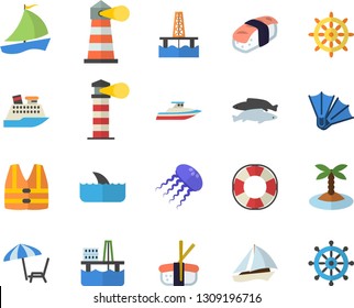 Color flat icon set sashimi flat vector, fish, oil production platform, lighthouse, sailboat, fector, chaise lounge, island, flippers, steering wheel, life vest, lifebuoy, cruise ship, shark, yacht
