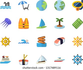 Color flat icon set sashimi flat vector, swimming, pool, earth fector, sailboat, chaise lounge, island, mask, aquapark, steering wheel, life vest, cruise ship, yacht, inflatable mattress, jellyfish