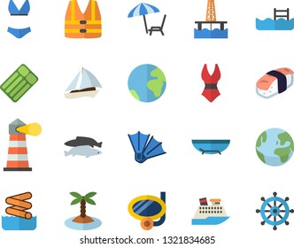 Color flat icon set sashimi flat vector, fish, oil production platform, lighthouse, swimsuit, pool, earth fector, sailboat, sea beach, chaise lounge, island, swimming mask, flippers, aquapark