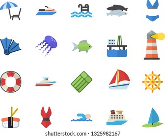Color flat icon set sashimi flat vector, fish, oil production platform, lighthouse, sailboat, swimsuit, swimming, pool, chaise lounge fector, flippers, steering wheel, water scooter, lifebuoy, yacht