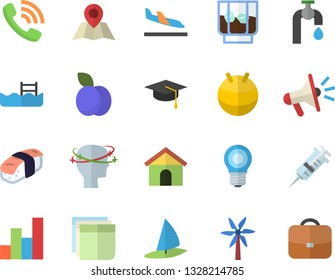 Color flat icon set sashimi flat vector, whiskey, plum, windmill, water tap, lamp, phone call, mouthpiece, syringe, headache, sticker, chart, bachelor cap, fitball, pool, arrival fector, windsurfing