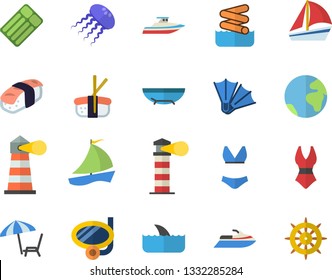 Color flat icon set sashimi flat vector, lighthouse, sailboat, swimsuit, earth fector, sea beach, chaise lounge, swimming mask, flippers, aquapark, water scooter, shark, yacht, inflatable mattress