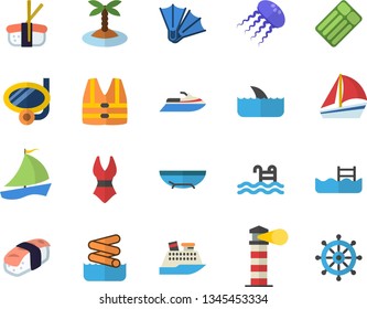 Color flat icon set sashimi flat vector, lighthouse, sailboat, swimsuit, pool, sea beach  , island, swimming mask, flippers, aquapark, life vest, water scooter, cruise ship, shark, jellyfish