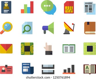 Color flat icon set satellite antenna flat vector, motherboard, SIM card, news, chat, badge, magnifier, paper tray, mail, chart, cpu, textbook, mouthpiece, indicate, book