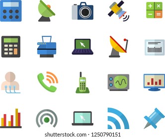 Color flat icon set satellite antenna flat vector, phone call, barcode, calculator, diagnostics, computer chart, statistic, telephone, copy machine, laptop, satellit, oscilloscope, camera fector