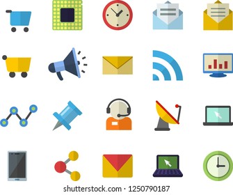 Color flat icon set satellite antenna flat vector, grocery trolley, telephone operator, scatter chart, mouthpiece, computer, laptop, mail, cpu, share, broadcast, drawing pin, message, envelope