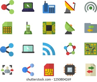 Color flat icon set satellite antenna flat vector, motherboard, SIM card, molecules, recruitment, telephone, laptop, electronic circuit, share, broadcast, file sharing