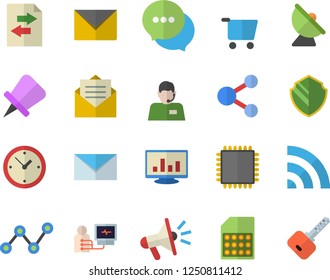 Color flat icon set satellite antenna flat vector, SIM card, grocery trolley, telephone operator, scatter chart, mouthpiece, chat, diagnostics, computer, mail, cpu, security fector, share, broadcast