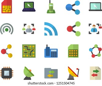 Color flat icon set satellite antenna flat vector, motherboard, SIM card, molecules, recruitment, telephone, laptop, electronic circuit, share, broadcast, file sharing