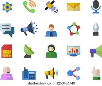 Color flat icon set satellite antenna flat vector, SIM card, person, cogwheel, phone call, mouthpiece, chat, molecules, computer chart, ink pen, telephone, operator, satellit, fector, share, user
