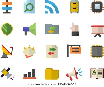 Color flat icon set satellite antenna flat vector, motherboard, signboard, flipchart, mouthpiece, computer file, magnifier, archive, satellit, cpu, brainstorm, chart, pointer fector, security, book