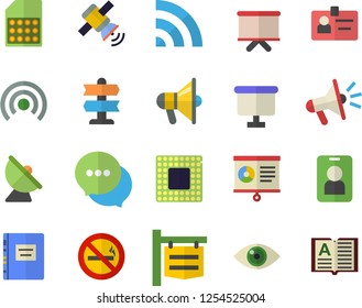 Color flat icon set satellite antenna flat vector, SIM card, signboard, flipchart, mouthpiece, chat, chart, badge, satellit, cpu, textbook, pointer fector, no smoking, pass, broadcast, eye, book