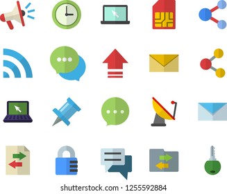 Color flat icon set satellite antenna flat vector, SIM card, mouthpiece, chat, laptop, mail, share, broadcast, upload, file sharing, drawing pin, envelope, clock, lock, key