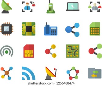 Color flat icon set satellite antenna flat vector, motherboard, SIM card, molecules, recruitment, telephone, laptop, electronic circuit, share, broadcast, file sharing