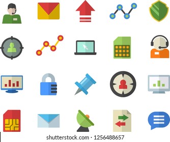 Color flat icon set satellite antenna flat vector, SIM card, target audience, telephone operator, scatter chart, computer, laptop, mail, security fector, upload, file sharing, drawing pin, lock