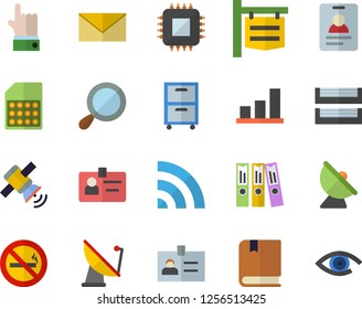 Color flat icon set satellite antenna flat vector, motherboard, SIM card, signboard, badge, folder, paper tray, archive, satellit, textbook, chart, no smoking fector, broadcast, magnifier, envelope