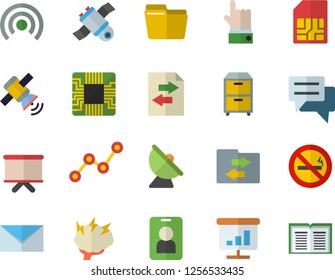 Color flat icon set satellite antenna flat vector, motherboard, SIM card, scatter chart, flipchart, chat, computer file, archive, mail, satellit, brainstorm, no smoking fector, pass, broadcast, book