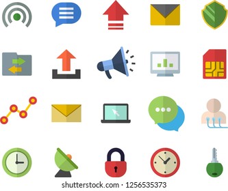 Color flat icon set satellite antenna flat vector, SIM card, scatter chart, mouthpiece, chat, diagnostics, computer, laptop, security fector, broadcast, upload, file sharing, envelope, clock, lock