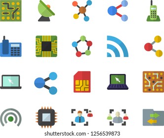 Color flat icon set satellite antenna flat vector, motherboard, SIM card, molecules, recruitment, telephone, laptop, electronic circuit, share, broadcast, file sharing