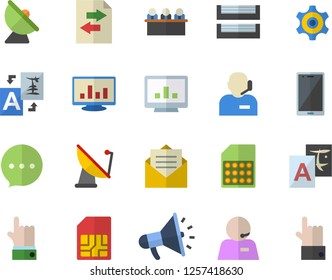 Color flat icon set satellite antenna flat vector, SIM card, cogwheel, mouthpiece, computer chart, phone operator, meeting, paper tray, file sharing, translate, message, mobile, chat, indicate