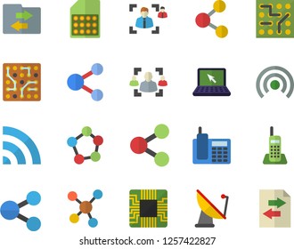 Color flat icon set satellite antenna flat vector, motherboard, SIM card, molecules, recruitment, telephone, laptop, electronic circuit, share, broadcast, file sharing