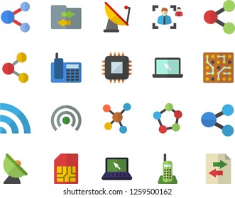 Color flat icon set satellite antenna flat vector, motherboard, SIM card, molecules, recruitment, telephone, laptop, electronic circuit, share, broadcast, file sharing