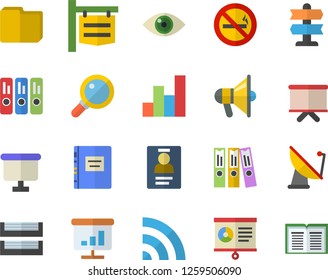 Color flat icon set satellite antenna flat vector, signboard, flipchart, chart, computer file, badge, folder, paper tray, textbook, pointer fector, no smoking, broadcast, mouthpiece, magnifier, eye