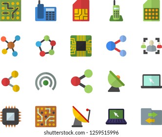 Color flat icon set satellite antenna flat vector, motherboard, SIM card, molecules, recruitment, telephone, laptop, electronic circuit, share, broadcast, file sharing