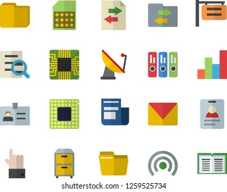 Color flat icon set satellite antenna flat vector, motherboard, SIM card, signboard, news, computer file, magnifier, folder, archive, mail, chart, cpu, broadcast, sharing, badge, indicate, book
