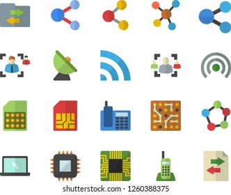 Color flat icon set satellite antenna flat vector, motherboard, SIM card, molecules, recruitment, telephone, laptop, electronic circuit, share, broadcast, file sharing