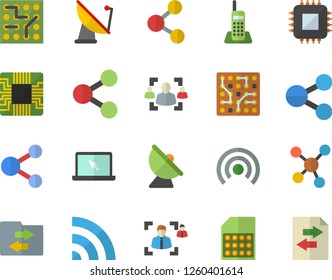 Color flat icon set satellite antenna flat vector, motherboard, SIM card, molecules, recruitment, telephone, laptop, electronic circuit, share, broadcast, file sharing