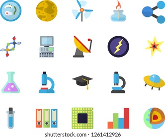 Color flat icon set satellite antenna flat vector, molecules, microscope, flask, chart, moon, gas burner, computer, spark, bachelor cap, cpu, lightning, beakers, ufo, windmill, folders for papers
