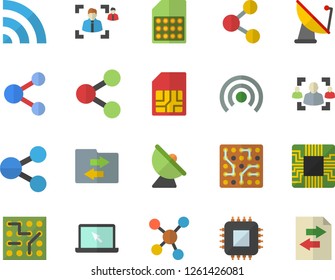 Color flat icon set satellite antenna flat vector, motherboard, SIM card, molecules, recruitment, laptop, electronic circuit, share, broadcast, file sharing