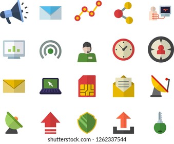 Color flat icon set satellite antenna flat vector, SIM card, target audience, telephone operator, scatter chart, mouthpiece, diagnostics, computer, laptop, mail, security fector, share, broadcast