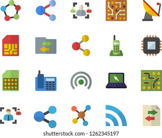 Color flat icon set satellite antenna flat vector, motherboard, SIM card, molecules, recruitment, telephone, laptop, electronic circuit, share, broadcast, file sharing