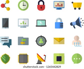 Color flat icon set satellite antenna flat vector, grocery trolley, target audience, mouthpiece, chat, diagnostics, computer chart, laptop, cpu, security fector, share, file sharing, envelope, clock