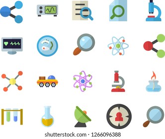 Color flat icon set satellite antenna flat vector, magnifier, target audience, molecules, computer diagnostics of health, microscope, medical analysis, molecule, atom, gas burner, oscilloscope