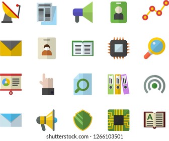 Color flat icon set satellite antenna flat vector, motherboard, scatter chart, news, magnifier, folder, mail, indentity card fector, security, pass, broadcast, mouthpiece, envelope, indicate, book
