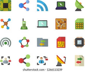 Color flat icon set satellite antenna flat vector, motherboard, SIM card, molecules, recruitment, telephone, laptop, electronic circuit, share, broadcast, file sharing