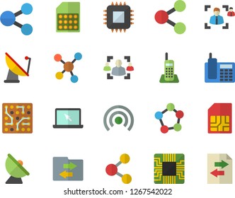 Color flat icon set satellite antenna flat vector, motherboard, SIM card, molecules, recruitment, telephone, laptop, electronic circuit, share, broadcast, file sharing