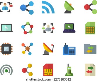 Color flat icon set satellite antenna flat vector, motherboard, SIM card, molecules, recruitment, telephone, laptop, share, broadcast, file sharing