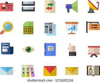Color flat icon set satellite antenna flat vector, SIM card, signboard, flipchart, news, chart, badge, folder, paper tray, mail, textbook, file sharing, mouthpiece, magnifier, envelope, indicate