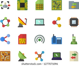 Color flat icon set satellite antenna flat vector, motherboard, SIM card, molecules, recruitment, telephone, laptop, electronic circuit, share, broadcast, file sharing