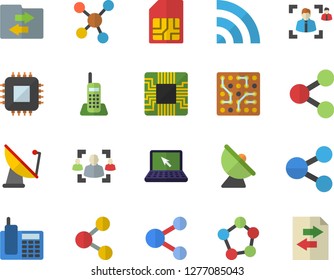 Color flat icon set satellite antenna flat vector, motherboard, SIM card, molecules, recruitment, telephone, laptop, electronic circuit, share, broadcast, file sharing