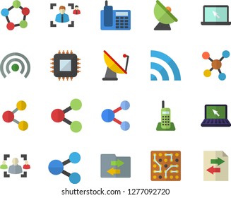 Color flat icon set satellite antenna flat vector, motherboard, molecules, recruitment, telephone, laptop, electronic circuit, share, broadcast, file sharing