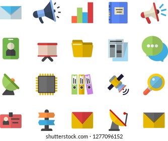 Color flat icon set satellite antenna flat vector, flipchart, news, mouthpiece, chat, computer file, badge, folder, mail, chart, satellit, cpu, textbook, pointer fector, pass, magnifier, envelope