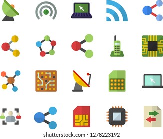 Color flat icon set satellite antenna flat vector, motherboard, SIM card, molecules, recruitment, telephone, laptop, electronic circuit, share, broadcast, file sharing