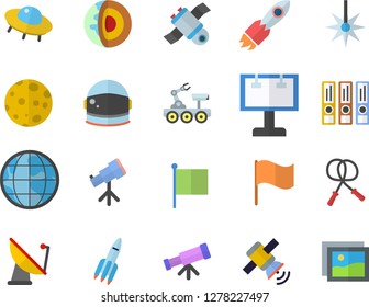 Color flat icon set satellite antenna flat vector, laser, billboard, rocket, earth, flag, moon, satellit, lunar rover, ufo, telescope, folders for papers, core of the fector, astronaut helmet
